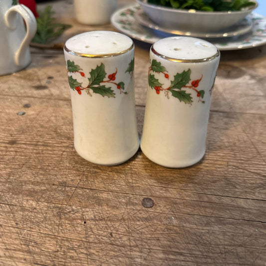 HOLLY SALT AND PEPPER SHAKER SET-CHINA PEARL "NOEL" COLLECTION