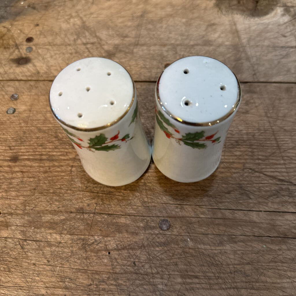 HOLLY SALT AND PEPPER SHAKER SET-CHINA PEARL "NOEL" COLLECTION