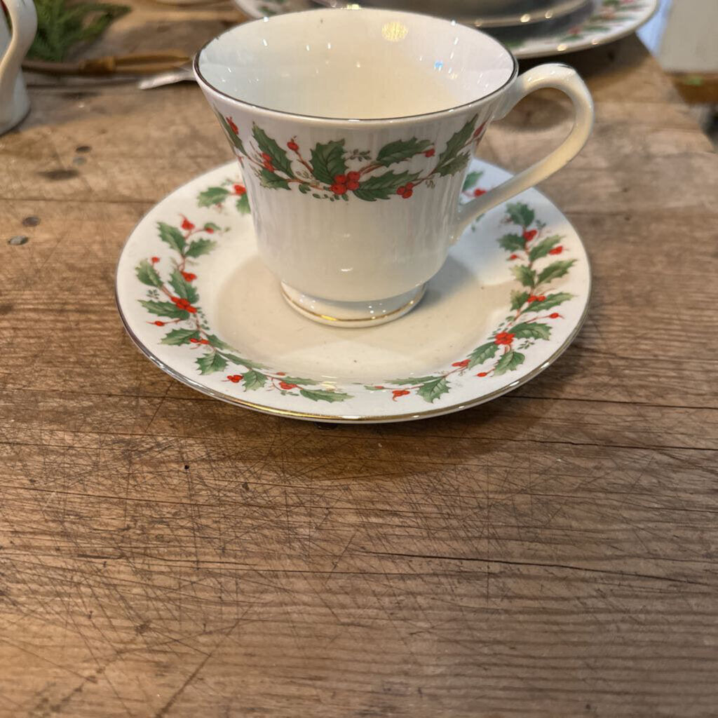 HOLLY TEA CUP WITH SAUCER-CHINA PEARL "NOEL" COLLECTION