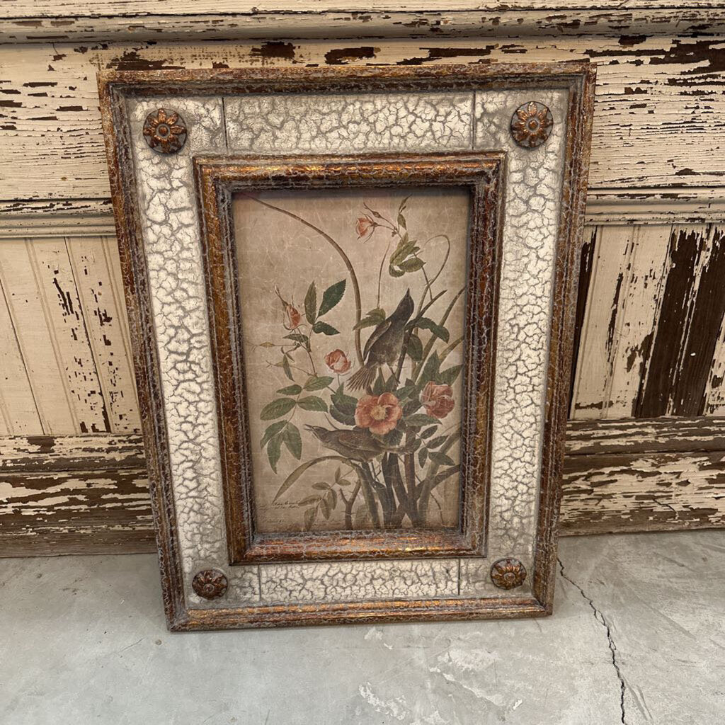 BIRD/FLORAL IN AGED FRAME