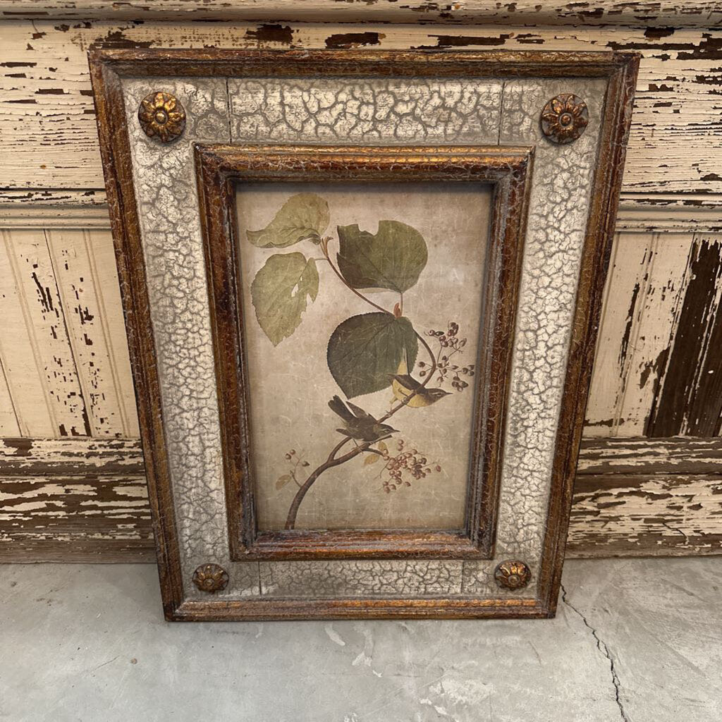 BIRD/FLORAL IN AGED FRAME