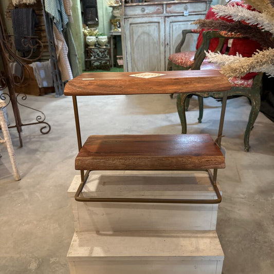 TWO TIER WOOD AND METAL SHELF