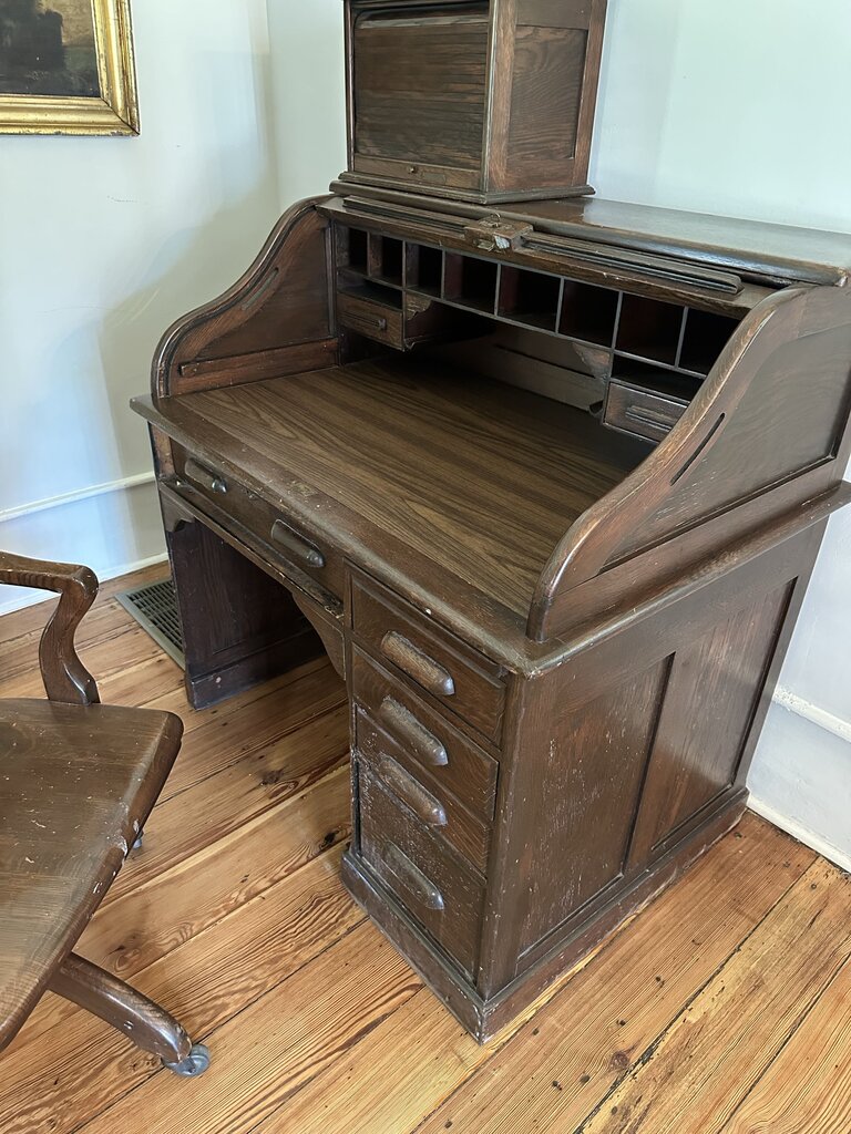 ROLL TOP DESK WITH WOODEN DESK CHAIR