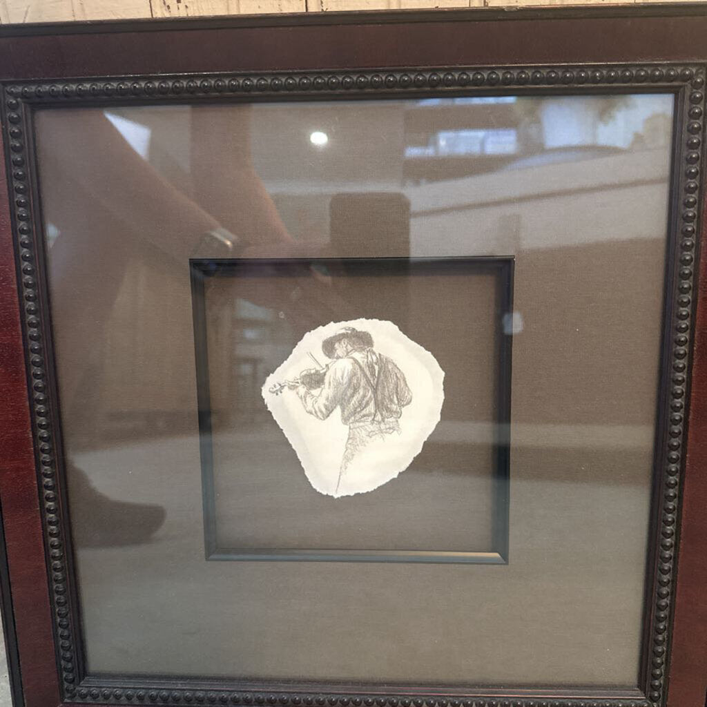 FRAMED ORIGINAL PENCIL DRAWING "THE FIDDLER" BY J. DEVINE