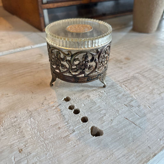 VINTAGE JOVAN MINK AND PEARLS VANITY POWDER BOX WITH METAL FILIGREE STAND