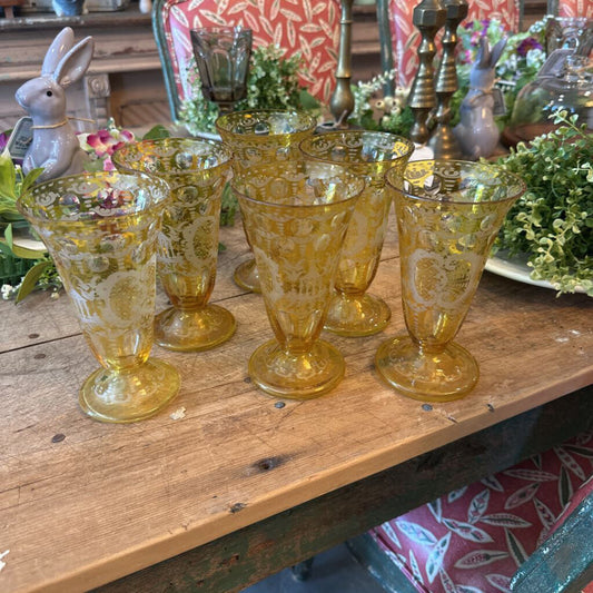 VINTAGE BOHEMIAN FLASHED AND ENGRAVED FOOTED GLASSES