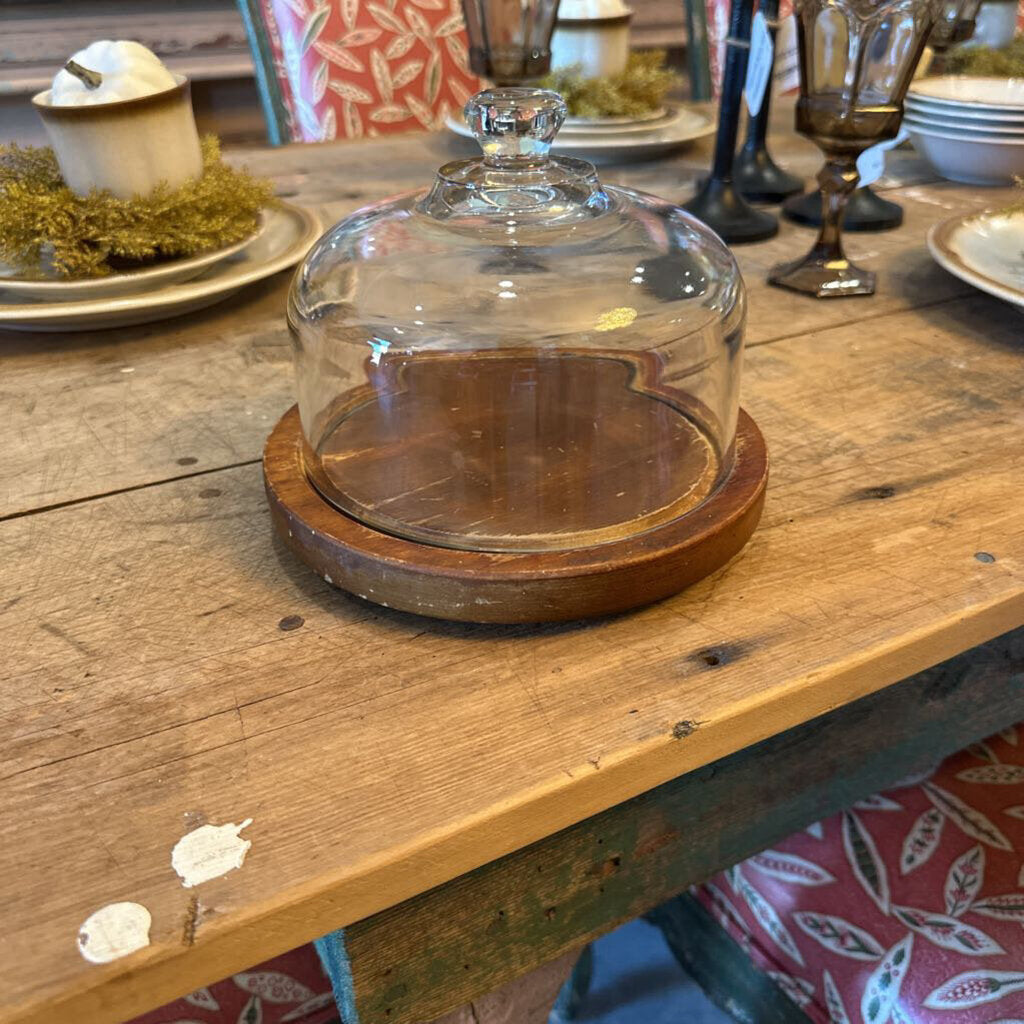 VINTAGE CHEESE DOME WITH WOODEN BASE