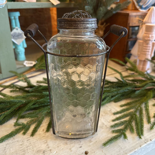 HONEYCOMB GLASS JAR IN METAL STAND WITH FLOWER HOLDER TOP