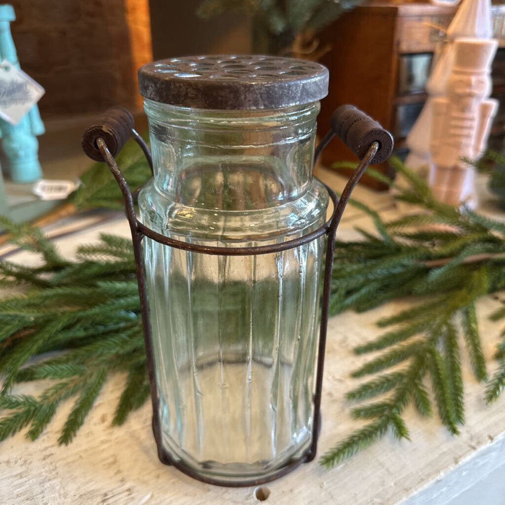 GLASS JAR IN METAL STAND WITH FLOWER HOLDER TOP