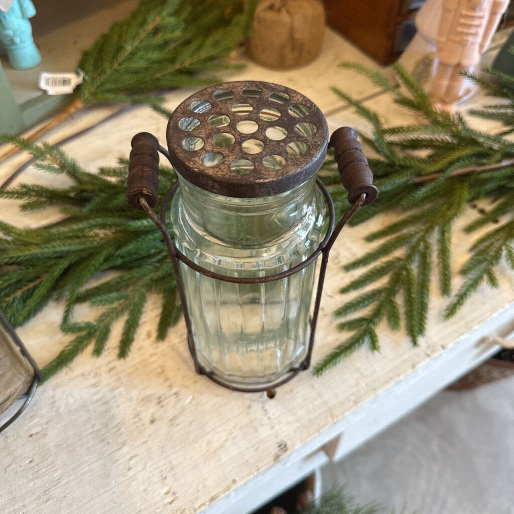 GLASS JAR IN METAL STAND WITH FLOWER HOLDER TOP