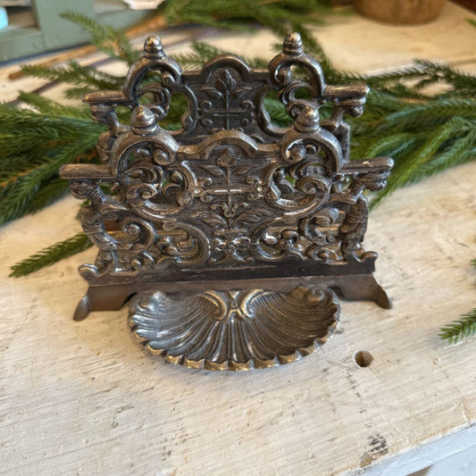 ORNATE BRASS LETTER HOLDER WITH SHELL TRAY