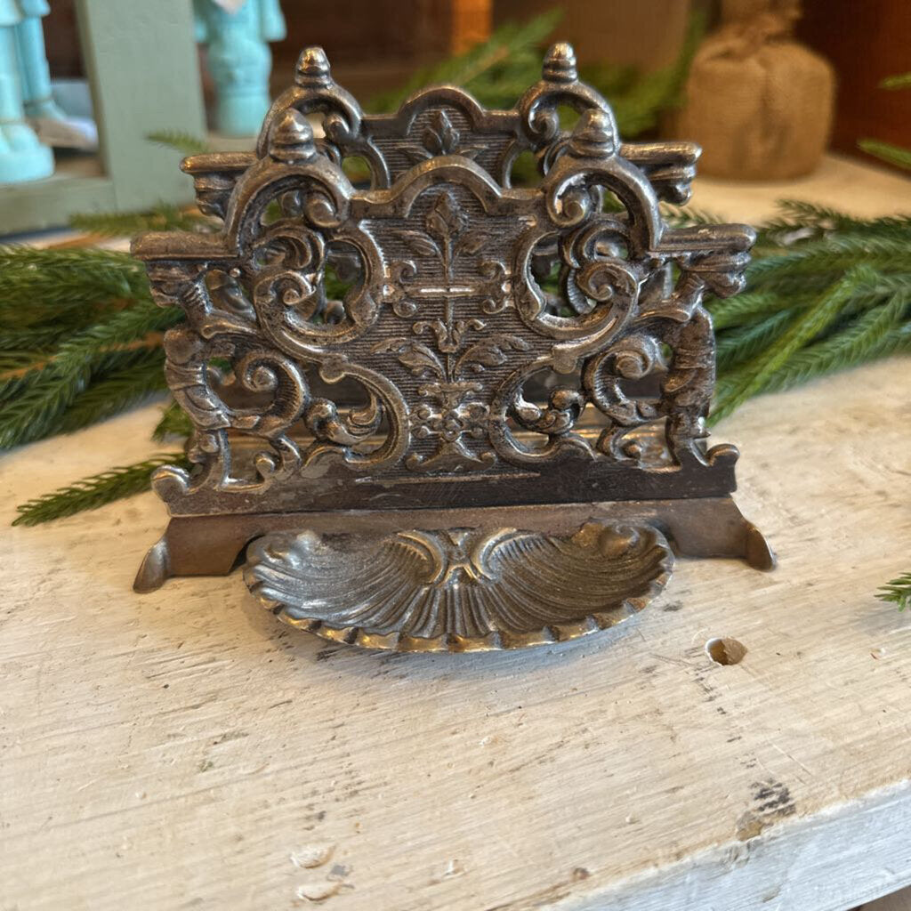 ORNATE BRASS LETTER HOLDER WITH SHELL TRAY