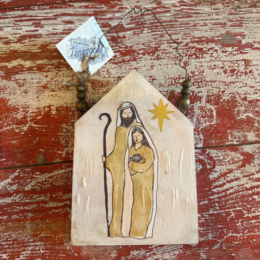 WOOD ORNAMENT WITH HOLY FAMILY IMAGE