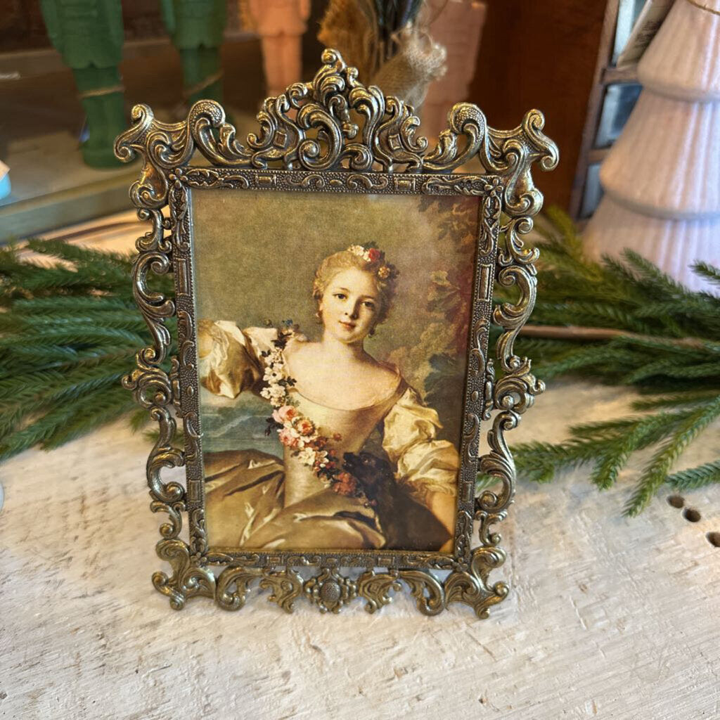 VINTAGE FRAMED PRINT OF WOMAN WITH FLOWERS IN HAIR