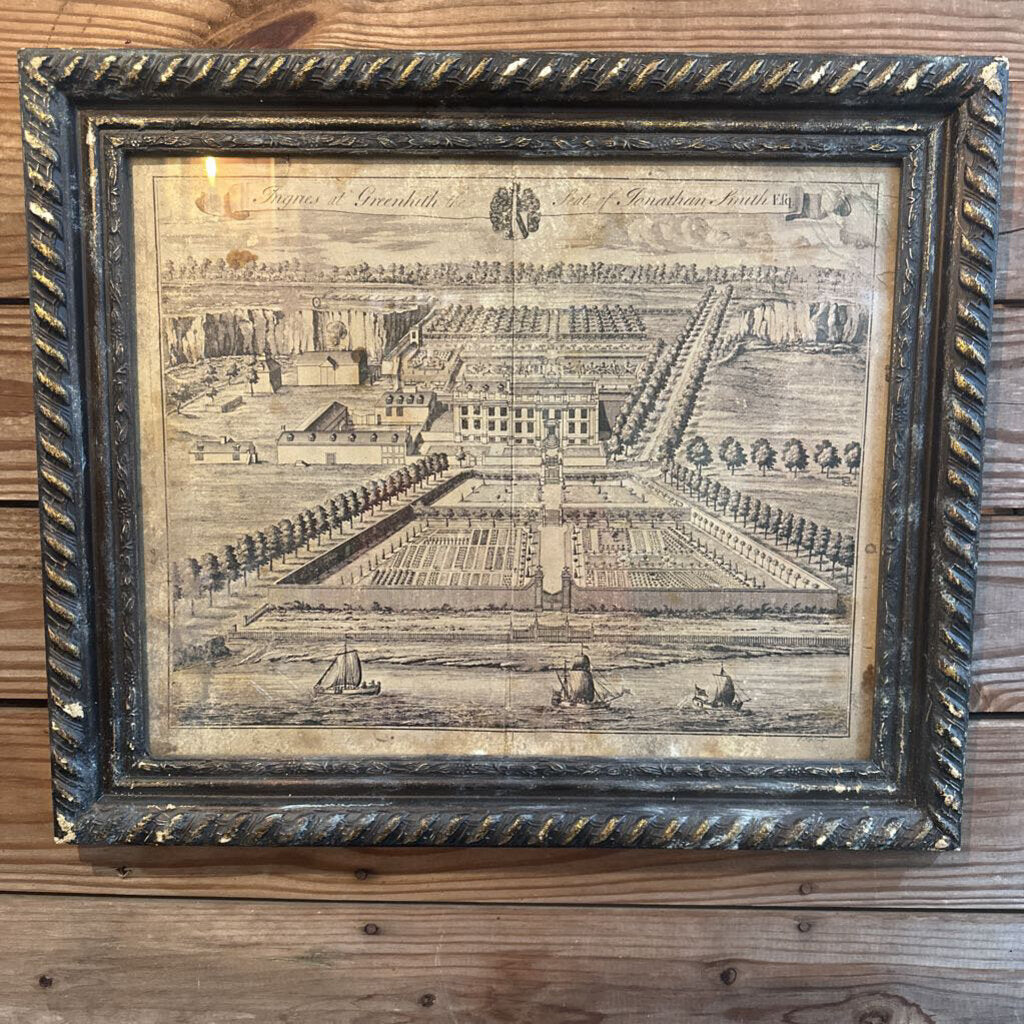FRAMED ANTIQUE PRINT "INGRIES AT GREENHITH THE SEAT OF JONATHAN SMITH ESQ."