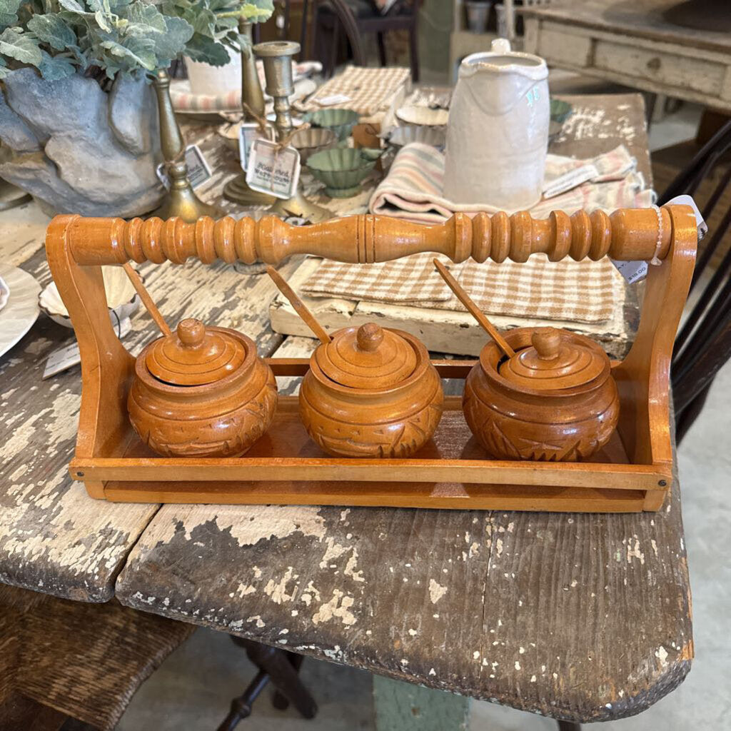 WOODEN CONDIMENT TRAY, 3 BOWLS