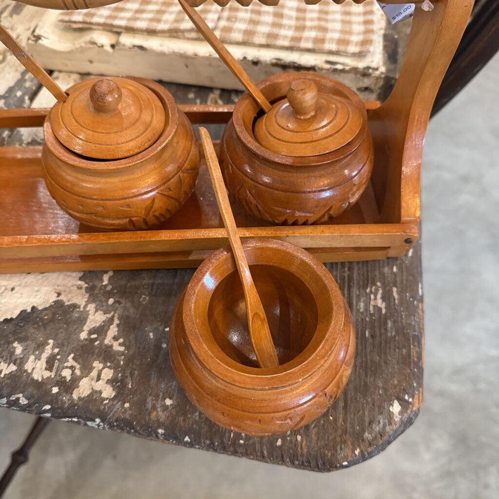WOODEN CONDIMENT TRAY, 3 BOWLS