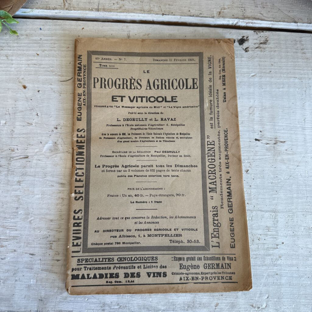 FRENCH AGRICULTURAL JOURNAL, "LE PROGRES AGRICOLE ET VITICOLE"