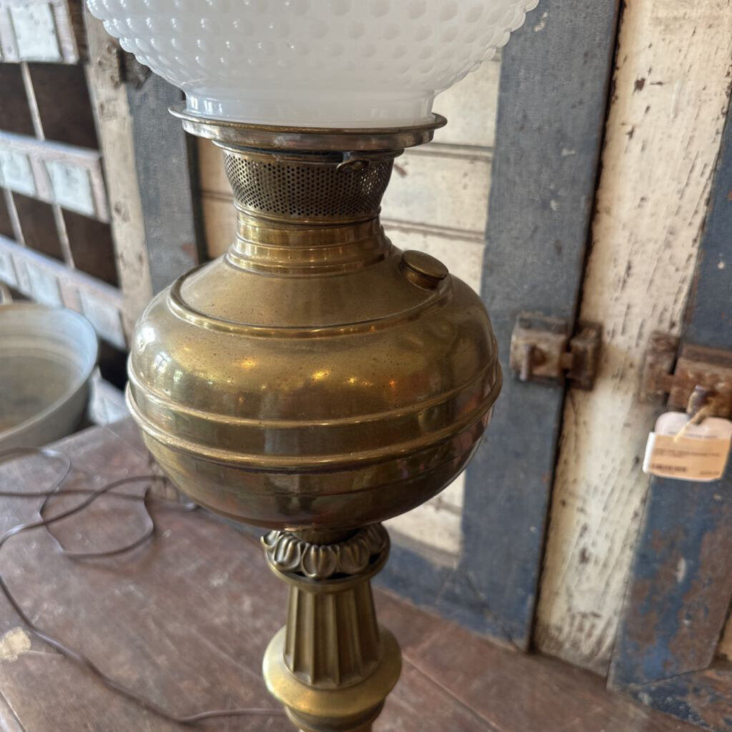 BANQUET LAMP WITH HOBNAIL MILK GLASS GLOBE