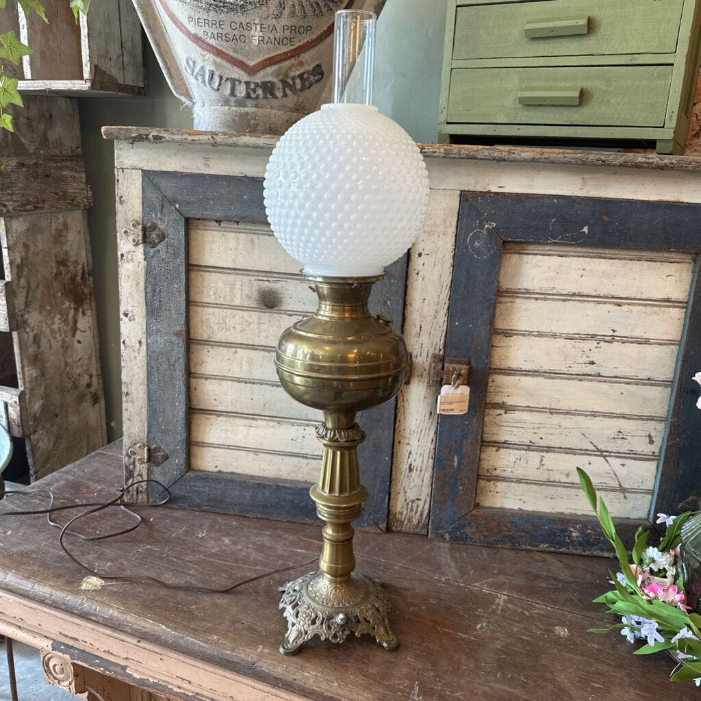 BANQUET LAMP WITH HOBNAIL MILK GLASS GLOBE
