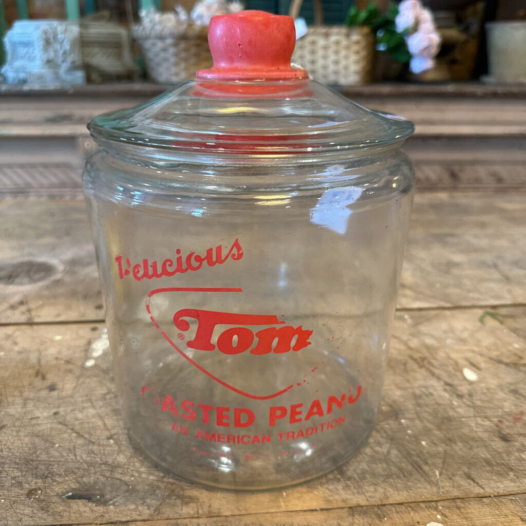 VINTAGE GLASS TOM'S JAR WITH LID