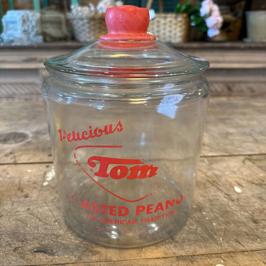 VINTAGE GLASS TOM'S JAR WITH LID