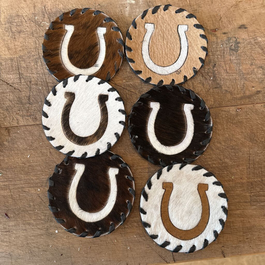 COWHIDE COASTERS WITH STITCHED EDGING