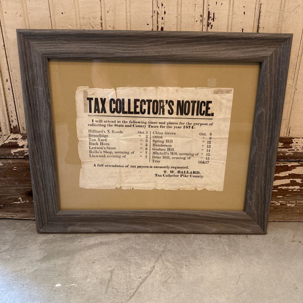 FRAMED 1874 TAX COLLECTOR'S NOTICE