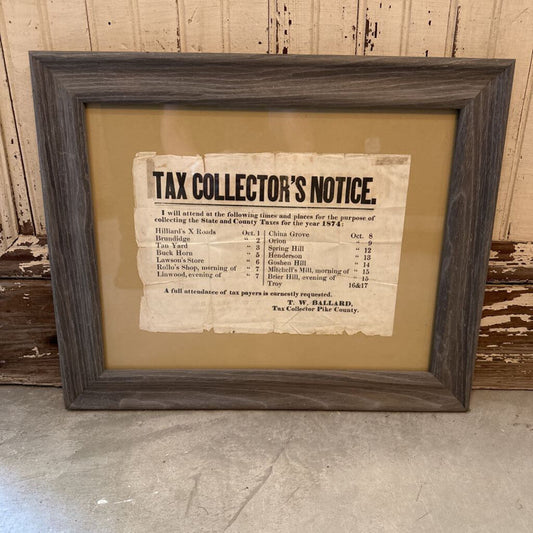 FRAMED 1874 TAX COLLECTOR'S NOTICE