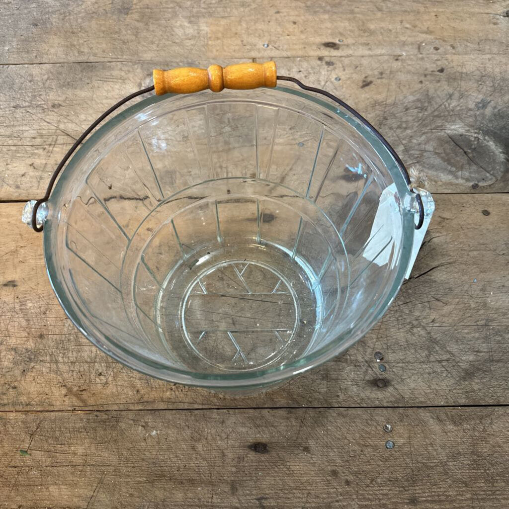 GLASS ICE BUCKET WITH WOOD HANDLE