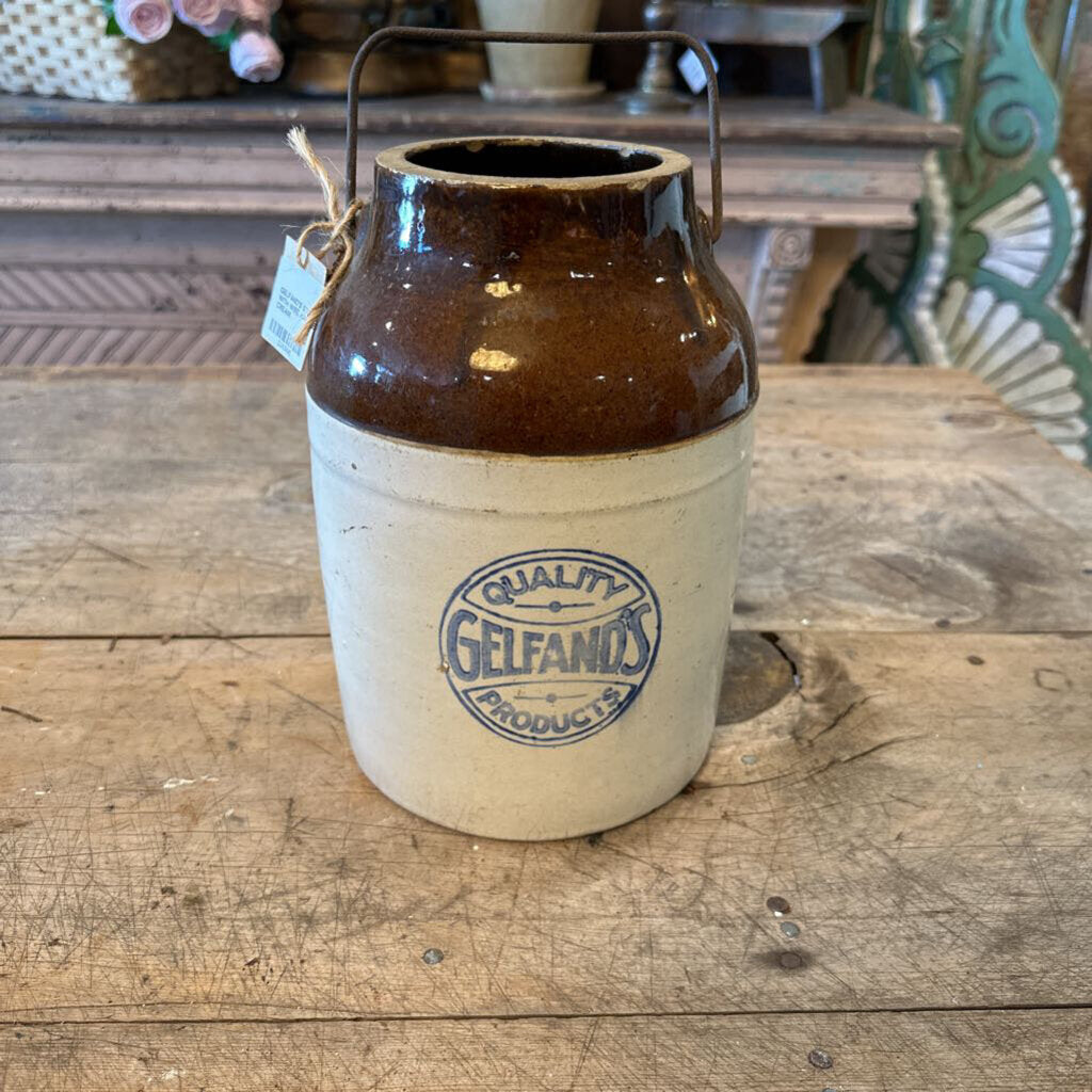 GELFAND'S STONEWARE CROCK WITH WIRE HANDLE