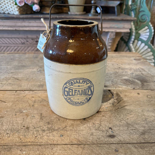GELFAND'S STONEWARE CROCK WITH WIRE HANDLE