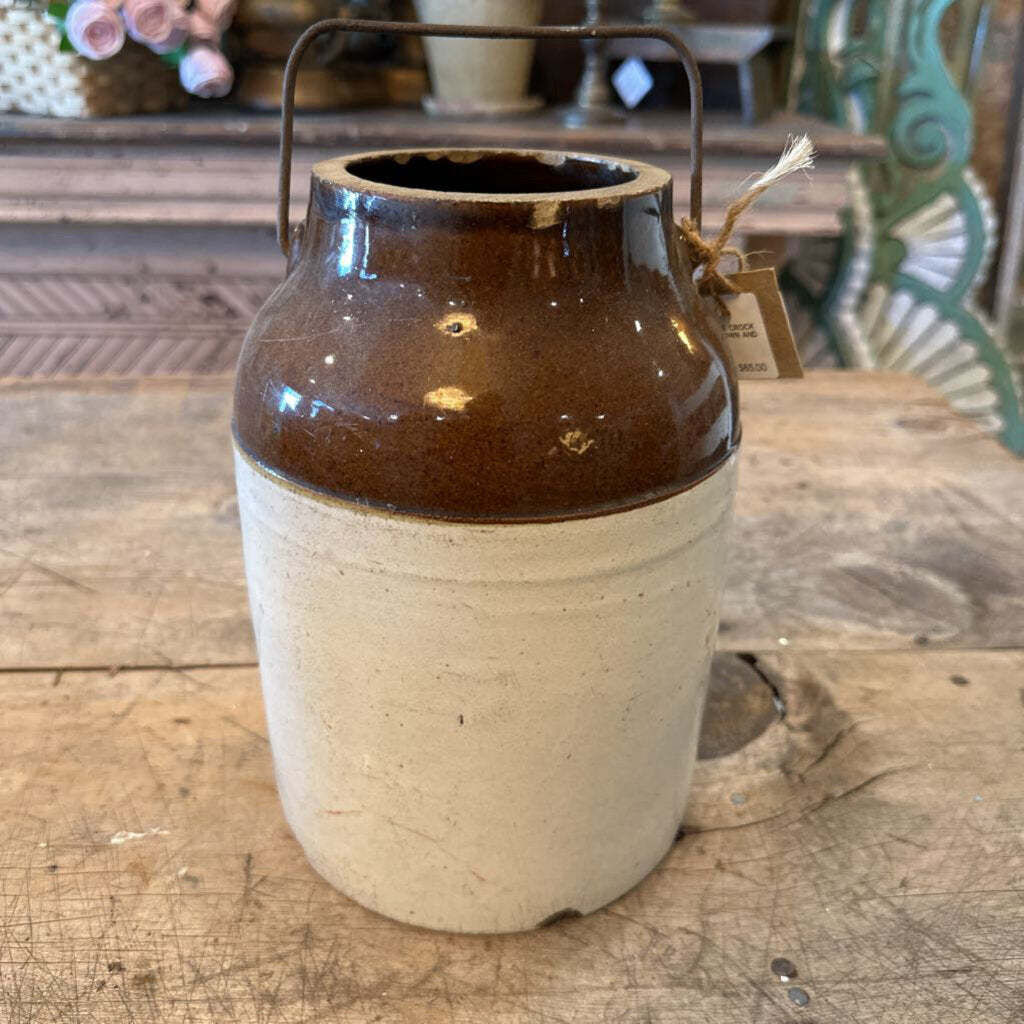 GELFAND'S STONEWARE CROCK WITH WIRE HANDLE