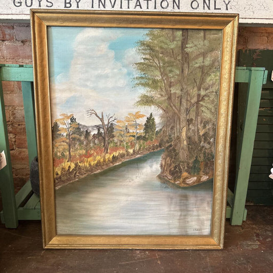 FRAMED FOREST AND RIVER OIL PAINTING