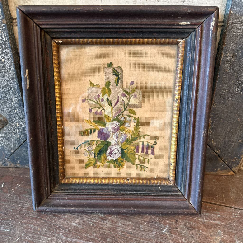 ANTIQUE FRAMED CROSS STITCH CROSS, LATE 1800'S - EARLY 1900'S