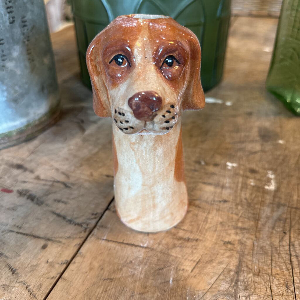 HAND PAINTED STONEWARE DOG VASE