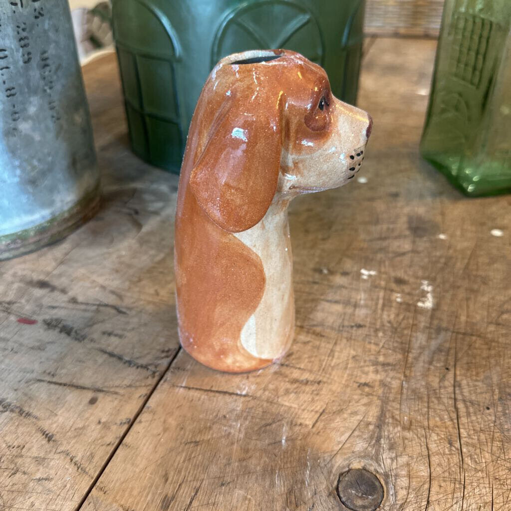 HAND PAINTED STONEWARE DOG VASE