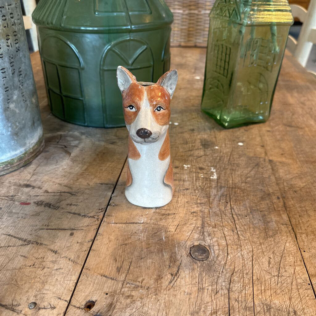 HAND PAINTED STONEWARE DOG VASE