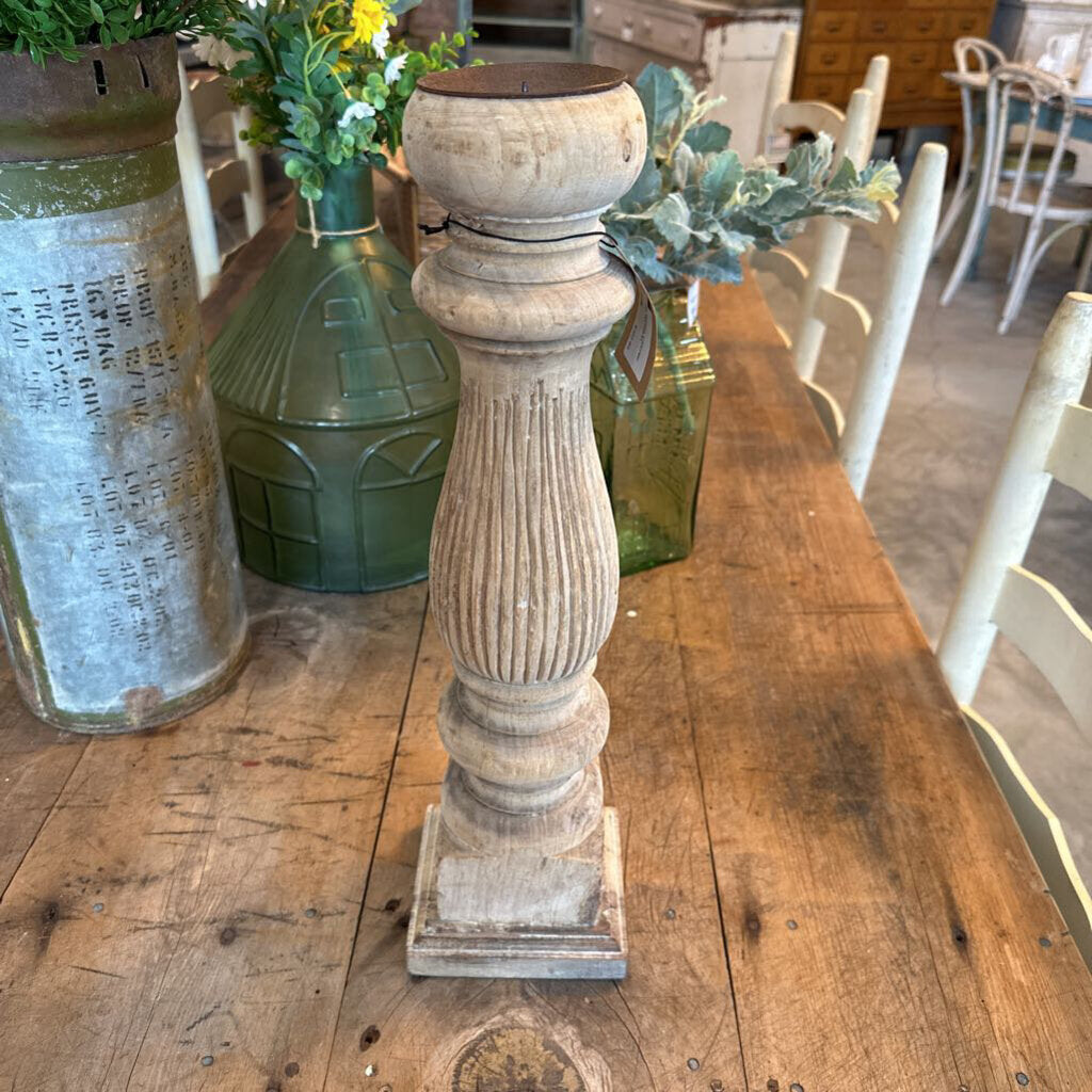 FOUND MANGO WOOD CARVED PILLAR HOLDER