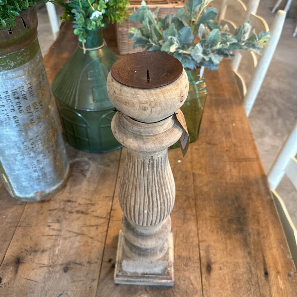 FOUND MANGO WOOD CARVED PILLAR HOLDER