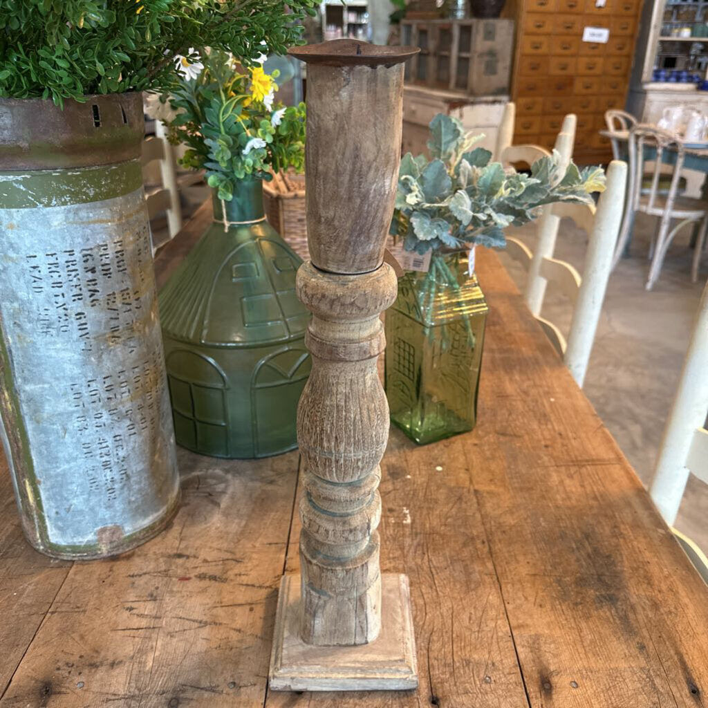 FOUND MANGO WOOD CARVED PILLAR HOLDER