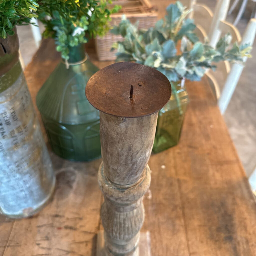 FOUND MANGO WOOD CARVED PILLAR HOLDER