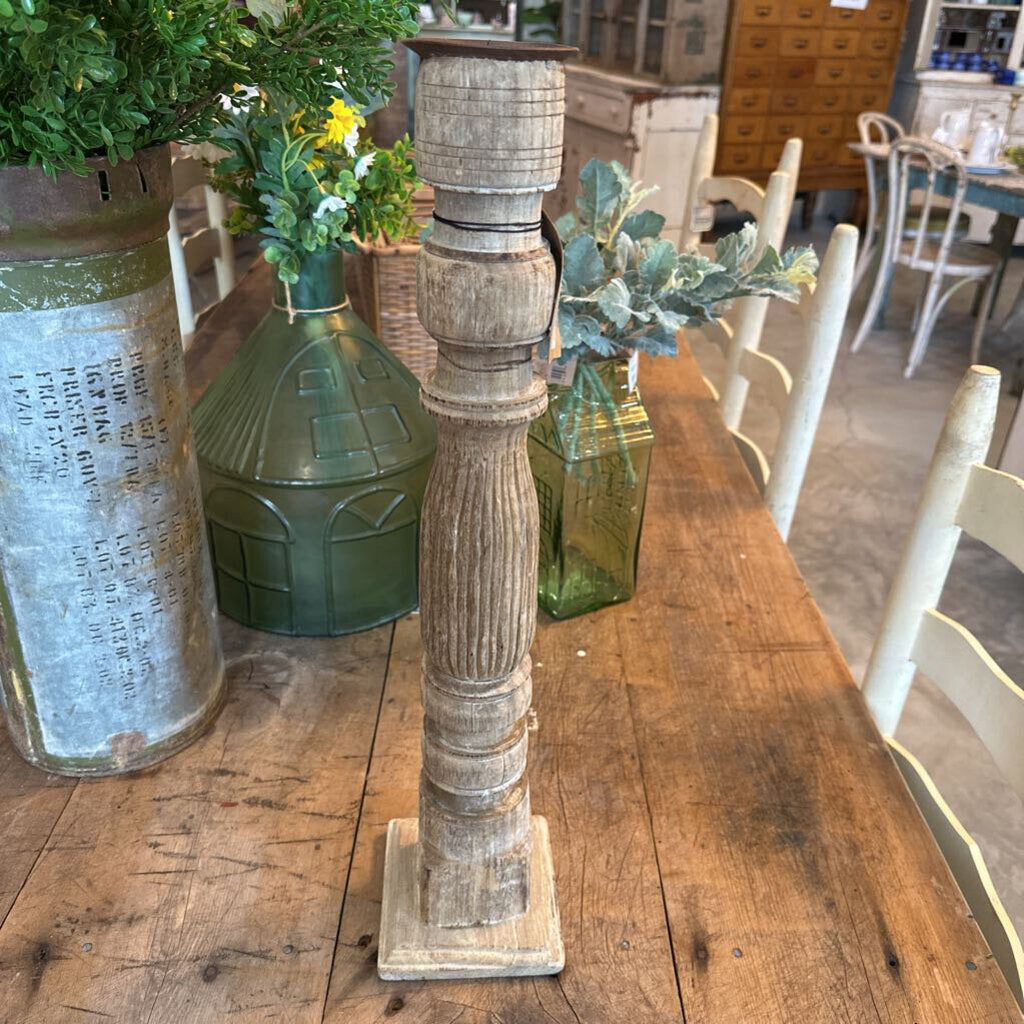FOUND MANGO WOOD CARVED PILLAR HOLDER