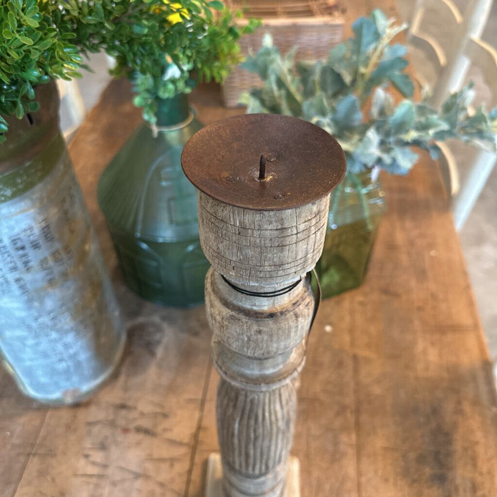 FOUND MANGO WOOD CARVED PILLAR HOLDER