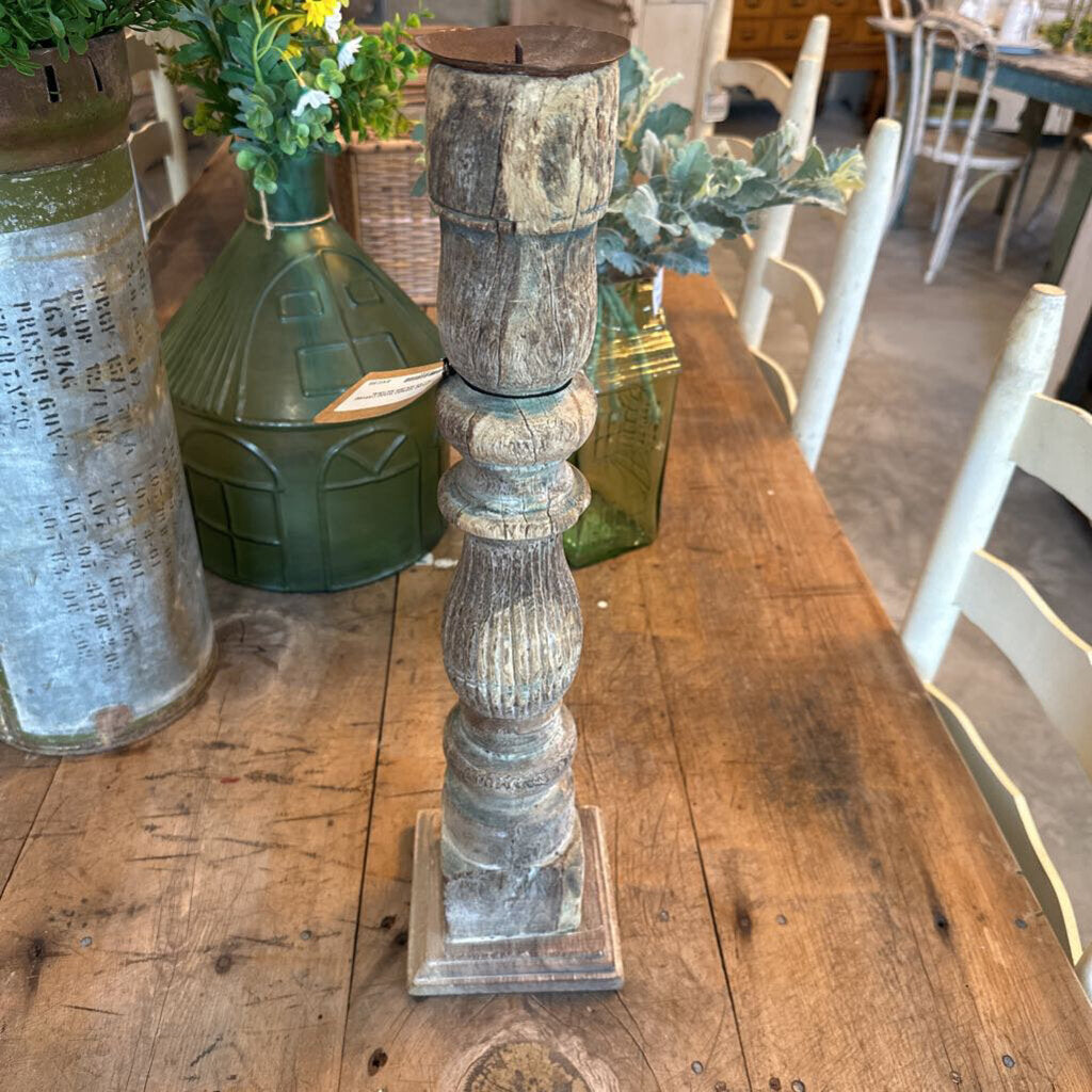 FOUND MANGO WOOD CARVED PILLAR HOLDER