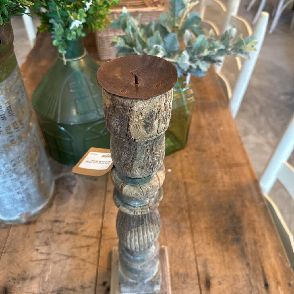 FOUND MANGO WOOD CARVED PILLAR HOLDER
