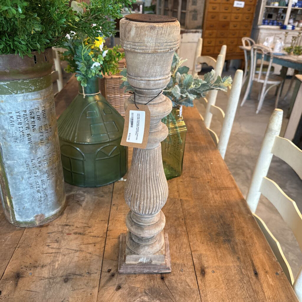 FOUND MANGO WOOD CARVED PILLAR HOLDER