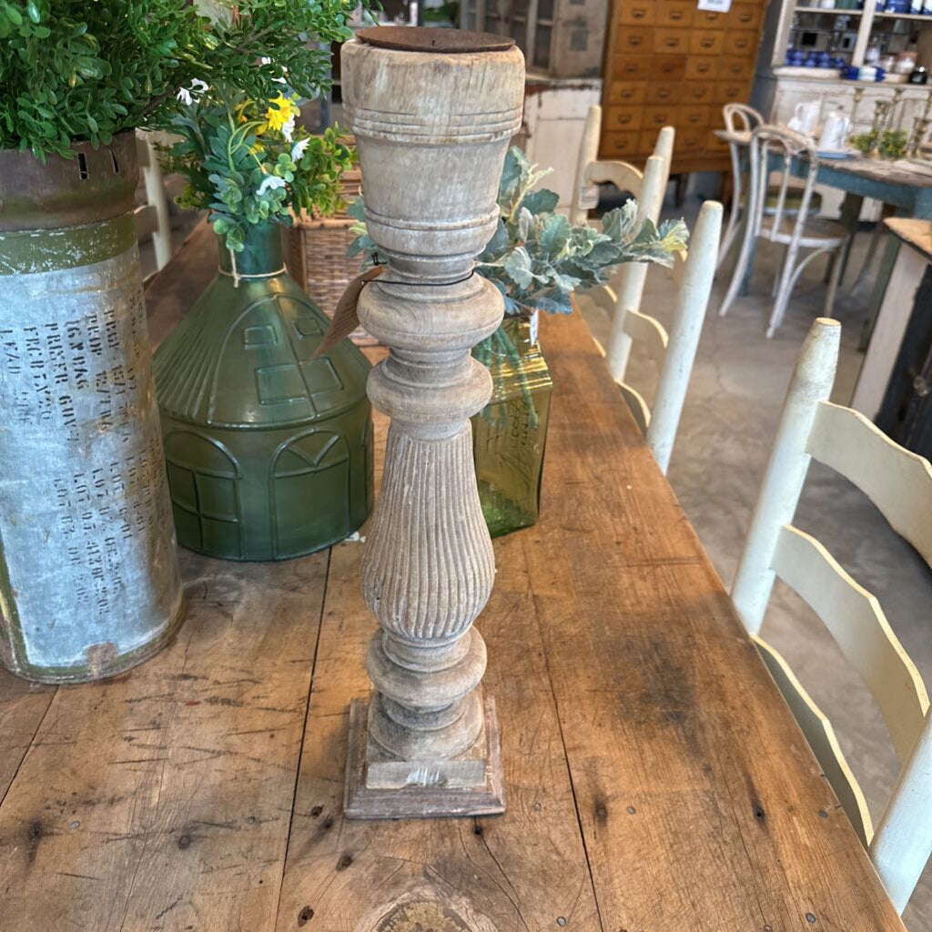 FOUND MANGO WOOD CARVED PILLAR HOLDER