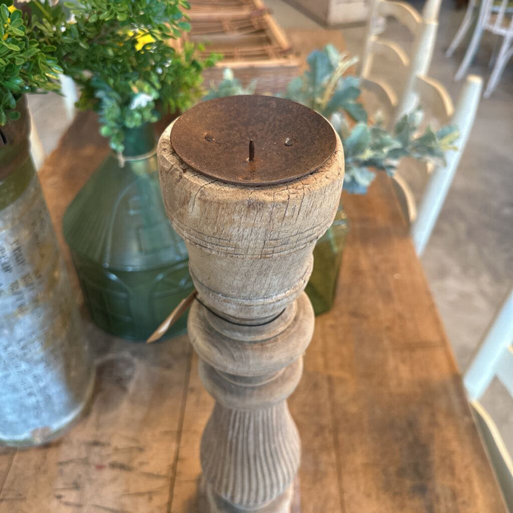 FOUND MANGO WOOD CARVED PILLAR HOLDER