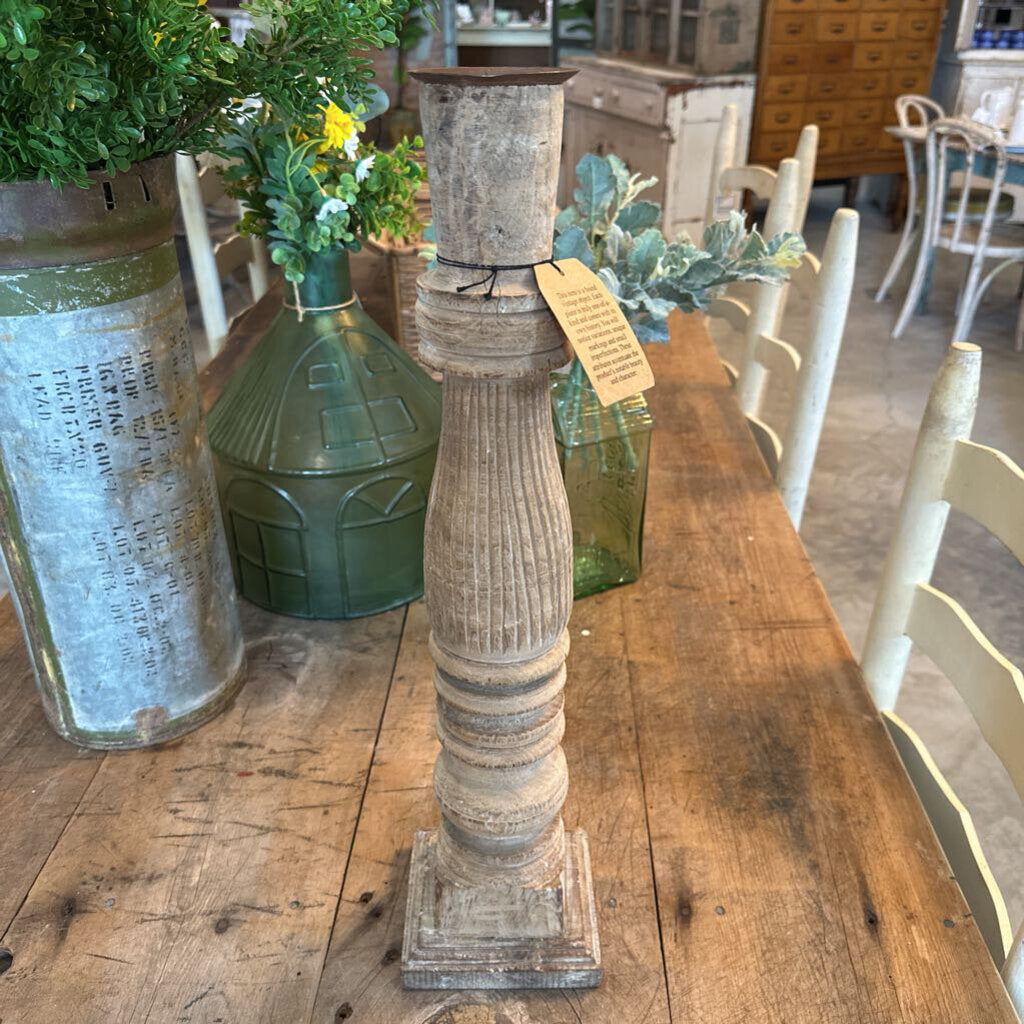 FOUND MANGO WOOD CARVED PILLAR HOLDER